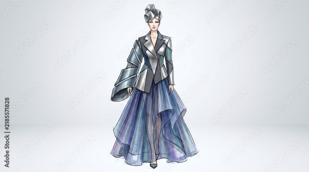Fototapeta premium An original futuristic fashion concept showcases an avant-garde outfit with sculptural shapes, asymmetrical layers, flowing panels, and innovative sleeve details.