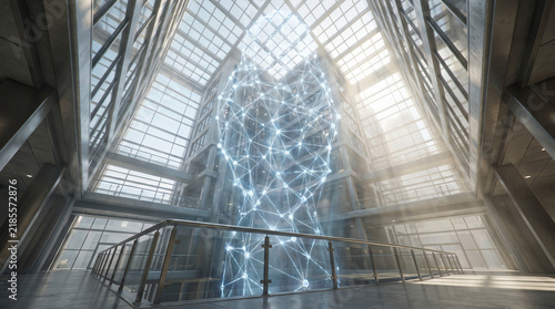 Futuristic Holographic Network Sphere in Modern Glass Atrium