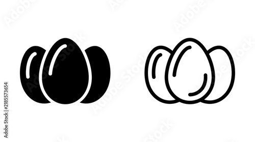 Bild auf Leinwand Three raw eggs icon set in black solid and outline styles with ingredient