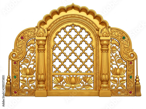 Golden Palace Arch with Geometric Lattice Window, Carved Columns and Floral Relief
