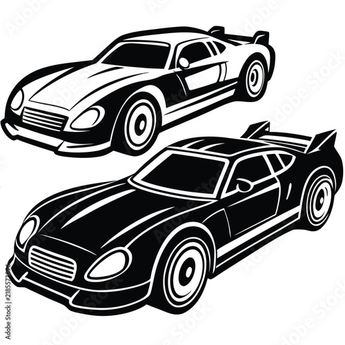Black and white racing car vectors set on plain white background for automotive graphic design