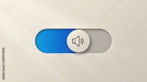 A UI toggle switch slides from mute to sound-on with a glowing blue highlight.