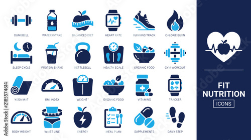 Fitness and nutrition icon set for healthy lifestyle tracking and wellness app design.