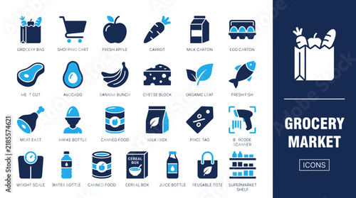 Set of grocery shopping icons for supermarket retail and food delivery app design