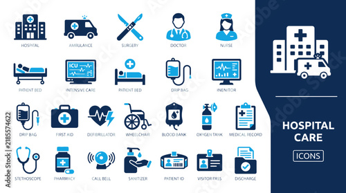 Hospital Care Medical Icons Set for Healthcare Services and Clinical Administration