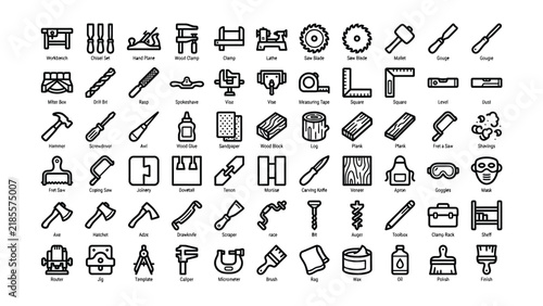 Collection of black line icons depicting various woodworking tools and workshop equipment on transparent background
