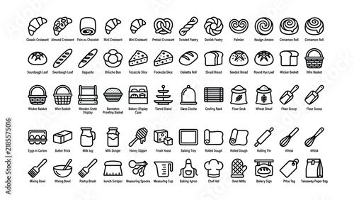 Collection of black line icons depicting various bread types pastries baking tools and kitchen accessories with transparent backgrounds