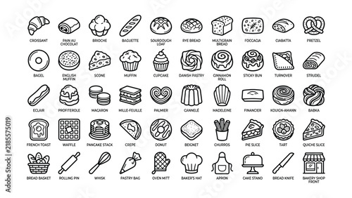 Collection of black line icons representing various types of bread pastries desserts and bakery tools with transparent background