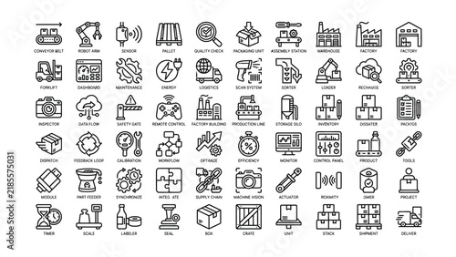 Collection of Industrial Automation and Manufacturing Process Icons with Transparent Backgrounds for Various Applications