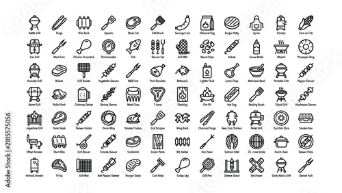 Collection of various grilling and barbecue tools and equipment icons with transparent background for culinary designs