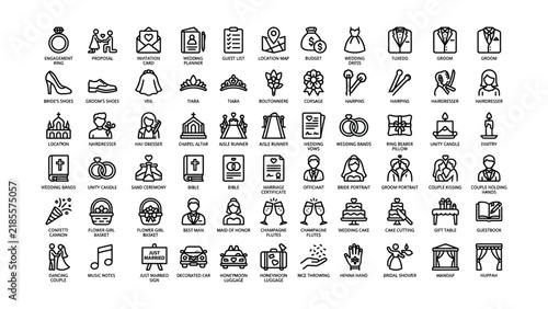 Collection of wedding icons featuring various elements and traditions for event planning and decoration purposes