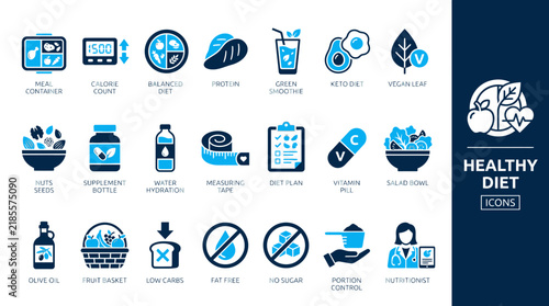 Healthy diet and nutrition vector icon set for fitness and wellness lifestyle design.