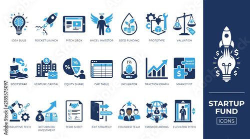 Startup Funding and Business Development Vector Icon Set for Corporate Presentations