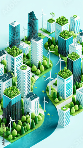 A futuristic eco-city with green rooftops, wind turbines, and solar panels along a winding river promoting sustainable urban living.