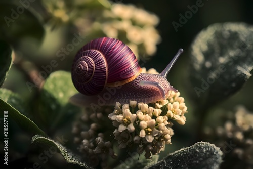 Close Up of a Colorful Garden Snail with Purple Shell on  Leaves and Flowers