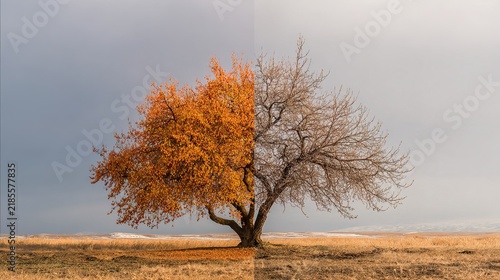 withered. A single tree split between lush fruitfulness and bare withered branches. ESG reports, sustainability campaigns, designed for sustainability communications and ESG reporting.