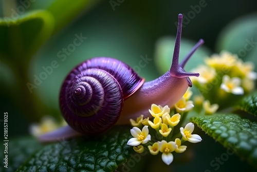 Close Up of a Colorful Garden Snail with Purple Shell on  Leaves and Flowers