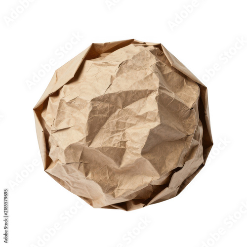 Crumpled brown packing paper shaped into a textured sphere with paper ball