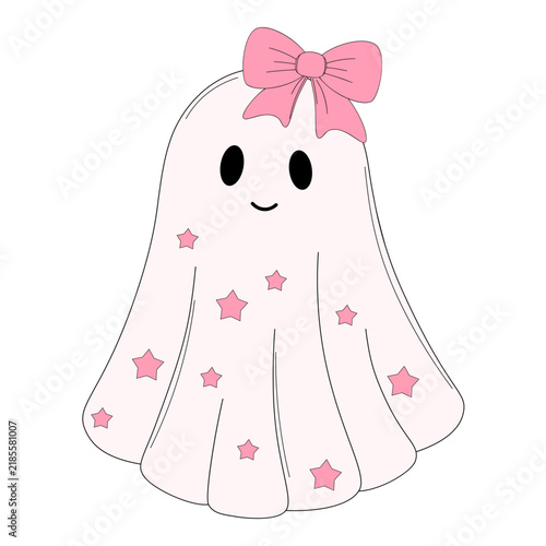 Cute Halloween ghost wearing pink bow and star patterned clothing, isolated on a white background