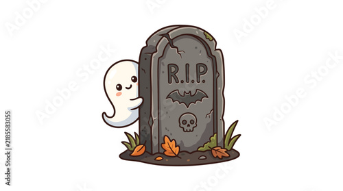Cute Halloween ghost character vector illustration. Adorable spooky graveyard tombstone scene design. Kawaii spirit peeking from stone with bat, skull and autumn leaves isolated on White