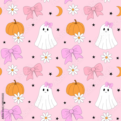 Cute Halloween seamless pattern with friendly ghosts, orange pumpkins, pink bows, daisies and moons on pink background