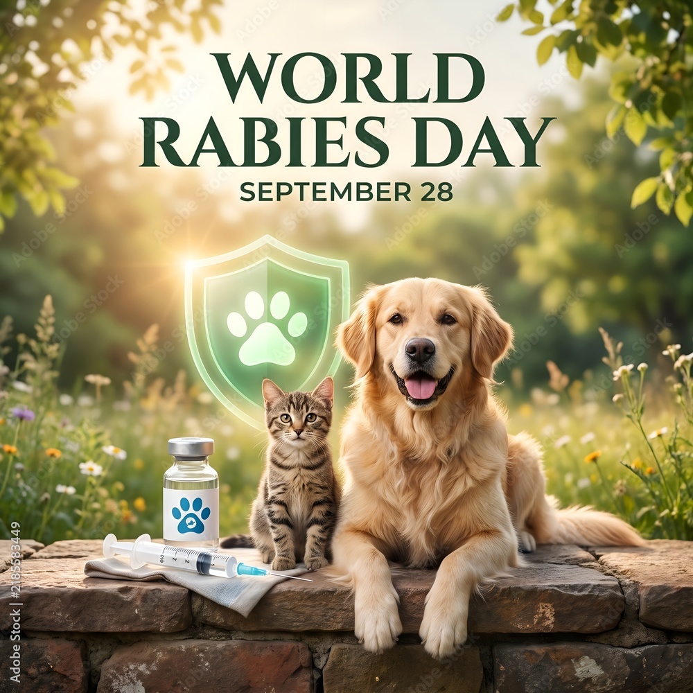 Obraz premium Golden dog sitting near rabies vaccine on world rabies day