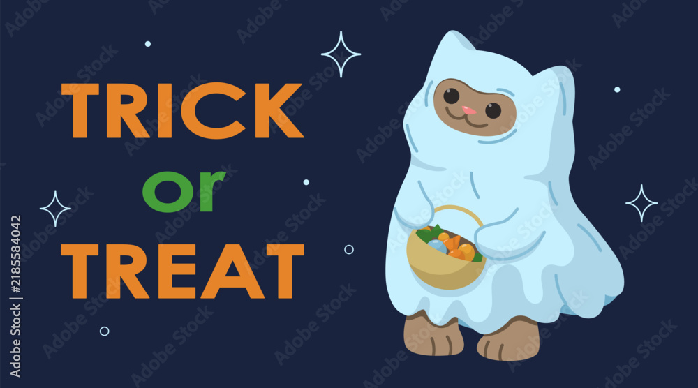 Fototapeta premium Cute cat in a ghost costume holding a basket of sweets with Trick or Treat text. Kitten character portray phantom. A design perfect for greeting cards, festive party invites, social media posts.