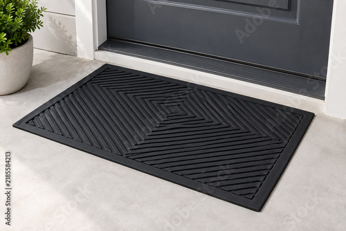 Modern Black Geometric Pattern Rubber Doormat Placed on Concrete Floor in Front of a Dark Entry Door