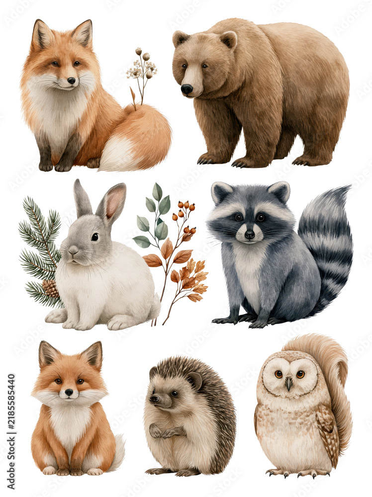 Obraz premium Woodland animal group isolated on transparent background featuring fox, bear, rabbit, raccoon, hedgehog, owl and botanical branch. with Clipping path