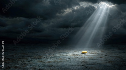 deficiency. A beam of sunlight breaks through clouds onto a neglected vitamin capsule, symbolizing need. ESG reports.