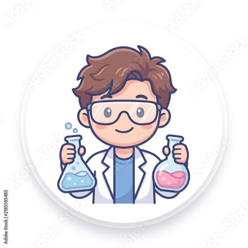 Cute male scientist holding glass chemistry flasks wearing safety goggles cartoon vector illustration isolated on white background. 