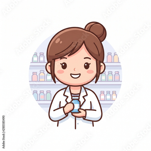 Cute female pharmacist holding medicine bottle standing in pharmacy with medicine shelves background cartoon vector illustration isolated. 