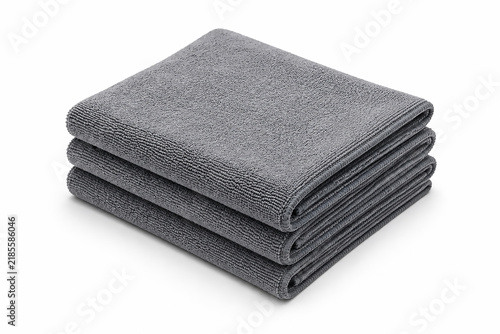 Stack of 3 Gray Microfiber Cleaning Cloths Isolated on White Background for Housework and Detailing