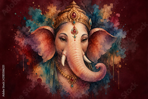 Watercolor lord ganesha portrait with jeweled crown and colorful artistic splashes for ganesh chaturthi lord ganesha puja traditional hindu festival artwork design