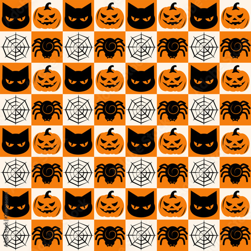 Halloween seamless pattern with black cats, Jack-o-lantern pumpkins, spiders and cobwebs on a checkered background