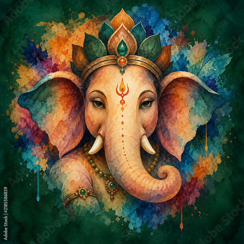 Artistic watercolor lord ganesha portrait with colorful splashes elegant crown and deep green background for ganesh chaturthi festival and lord ganesha puja