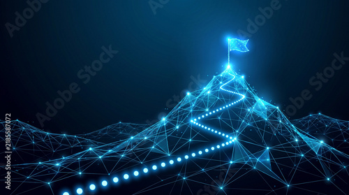 Digital mountain peak with flag and glowing path