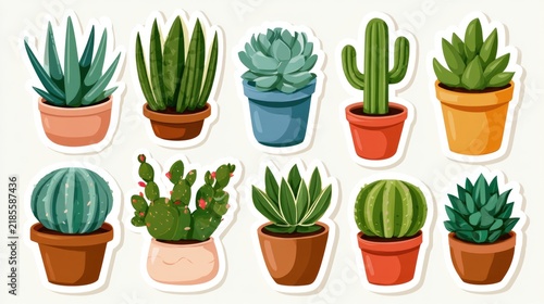 Illustration of ten various potted succulent and cactus plants with different shapes and shades of green on white background.