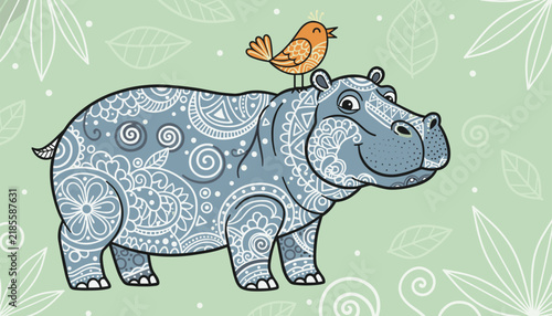 Large friendly hippopotamus decorated with intricate white mandala patterns standing with a small bird on its back.