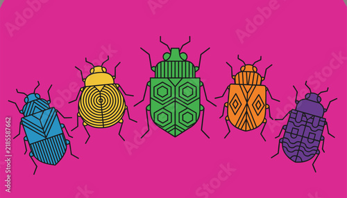 Set of five colourful geometric bugs and beetles with unique patterns arranged in a row on a hot pink background.