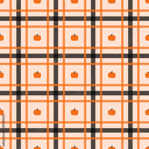 Halloween tartan seamless background with small orange pumpkins inside geometric grid stripes