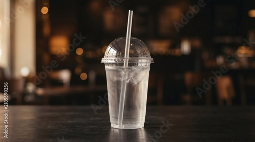 Single clear plastic cup with dome lid and straw on wooden table, cafe background with bokeh lighting, beverage container for refreshment and hydration in casual setting
