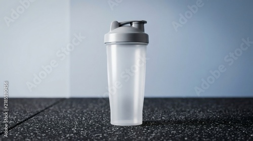 Translucent protein shaker bottle with gray lid on dark gym floor, plastic fitness container for supplements, minimalist health background