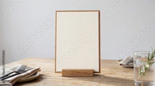 Minimalist blank white menu on wooden stand, restaurant table setting with cutlery and glass, mockup template for cafe food design