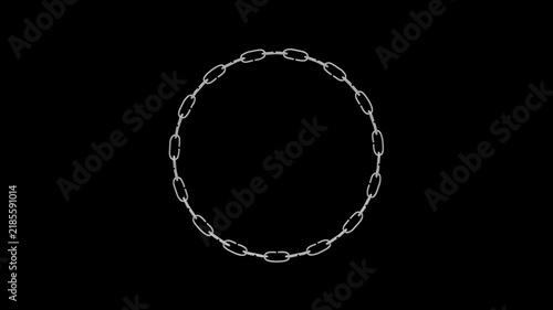 Silver metal link chain arranged in a circular loop formation on dark background