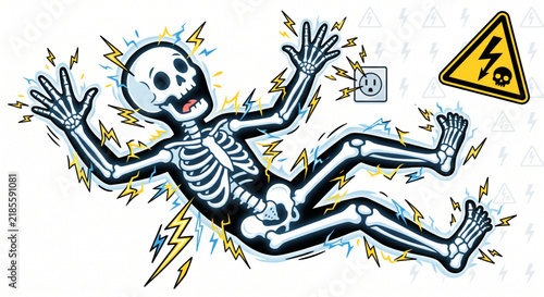 Cartoon skeleton getting electrocuted by electricity