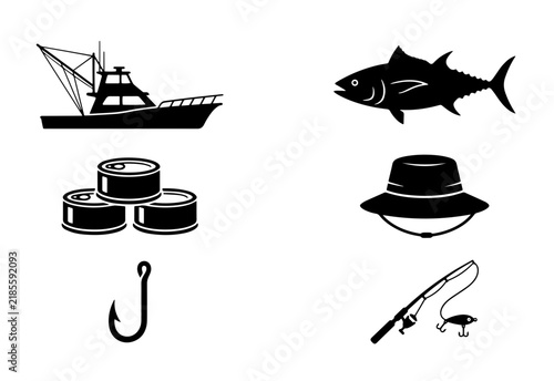 Fishing Icons: Tuna, Boat, Cans, Hook, Hat, Rod & Lure Vector Set