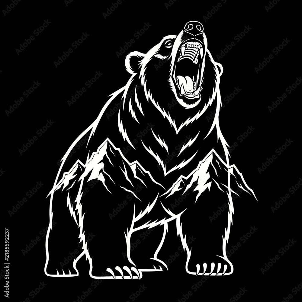 Fototapeta premium Roaring Bear Silhouette with Mountain Landscape Inside, Wild Animal Art, Nature Concept, Vector Illustration