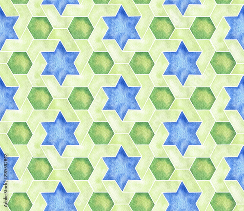 Watercolor Blue Star and Green Hexagon Seamless Background
