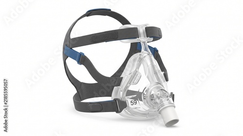 Professional full face CPAP mask for sleep apnea treatment with grey and blue straps isolated on white background